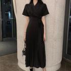 Short-sleeve Tie Waist Pleated Shirt Dress Black - One Size