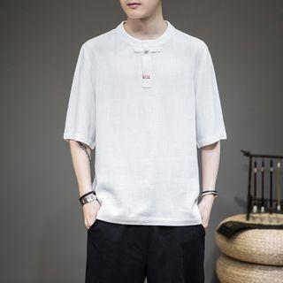 Elbow-sleeve Frog-buttoned Linen T-shirt