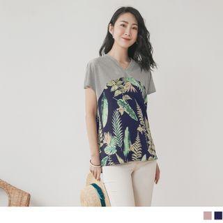 Printed Panel Short-sleeve V-neck Top