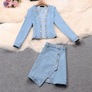 Set: Front-open Denim Jacket + Mini A-line Skirt