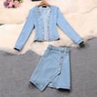 Set: Front-open Denim Jacket + Mini A-line Skirt