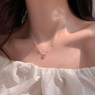 Sterling Silver Heart Necklace Necklace - Love Heart & Faux Pearl - Silver - One Size