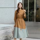 3/4-sleeve Color-block A-line Dress With Belt