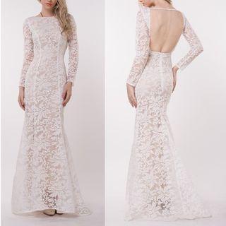 Long Sleeve Open Back Lace Mermaid Evening Gown