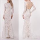 Long Sleeve Open Back Lace Mermaid Evening Gown
