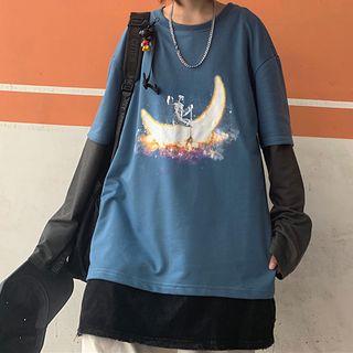 Moon-print Panel Round Neck Top