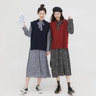 Knit Vest / Long-sleeve Floral Print Midi A-line Dress