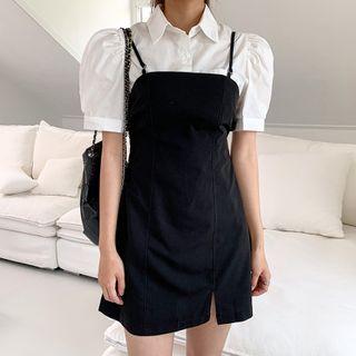 Set: Puff-sleeve Blouse + Spaghetti Strap Minidress Black - One Size