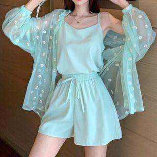 Set: Dotted Loose-fit Light Cardigan + Camisole + Shorts