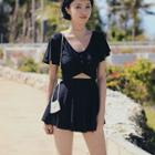 Set: Cut-out Short-sleeve Swimdress + Plain Swimshorts