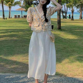 Short-sleeve Floral Embroidered Button-up Top / Plain Midi Skirt