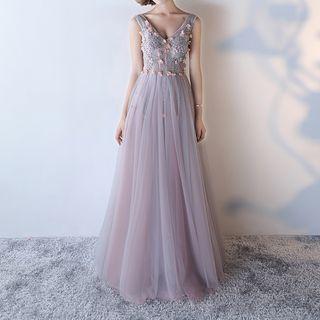 Embellished Lace Panel V-neck Sleeveless Evening Gown