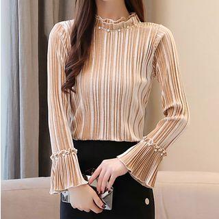 Faux Pearl Accent Velvet Long-sleeve Top