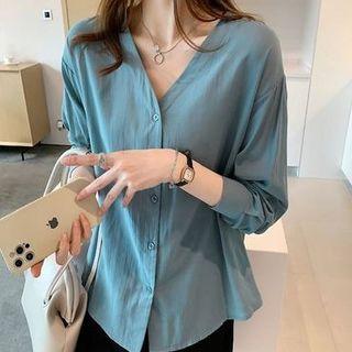 Long-sleeve V-neck Plain Sheer Shirt