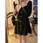 Long-sleeve Bow-accent Two-tone Dress Black - One Size