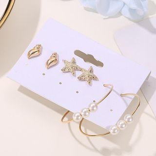 Set Of 3: Faux Pearl Hoop Earring + Shell Stud Earring + Star Stud Earring Set Of 3 - 01-7569 - Gold - One Size