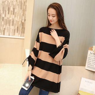 Ruched-sleeve Striped Loose Fit Sweater