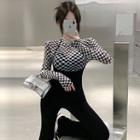 Long-sleeve Check T-shirt / Suspender Boot Cut Pants