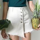Fringed Trim High-waist Denim Mini A-line Skirt