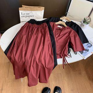Set: Short-sleeve V-neck Wrap Blouse + Midi A-line Skirt