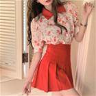Puff-sleeve Flower Print Blouse / Pleated Skirt