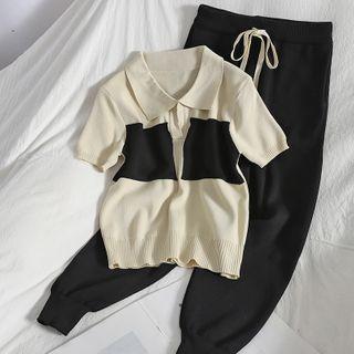 Set: Short-sleeve Two Tone Knit Polo Shirt + Harem Pants Almond - One Size