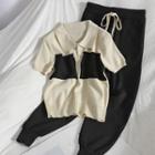 Set: Short-sleeve Two Tone Knit Polo Shirt + Harem Pants Almond - One Size