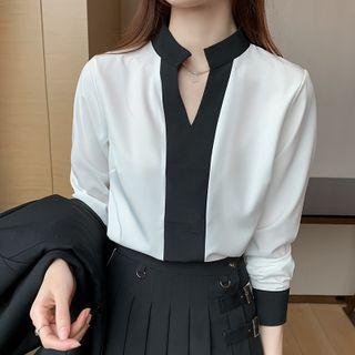 Long-sleeve V-neck Contrast Chiffon Blouse