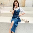 Spaghetti Strap Button-up Midi Sheath Denim Dress