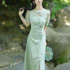 Short-sleeve Slit Midi Sheath Qipao Dress