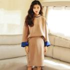 Set: Loose-fit Color-block Stand-collar Pullover+high-waist Skirt