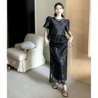 Short-sleeve Feather Cropped Top / Sequined Skirt