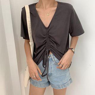 Drawstring V-neck Short-shirt Top
