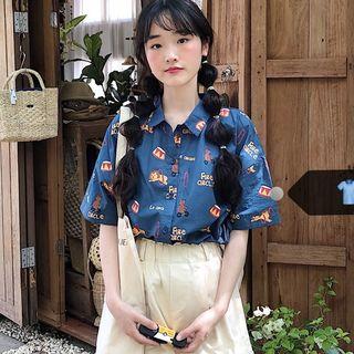 Short-sleeve Cartoon Print Shirt Blue - One Size