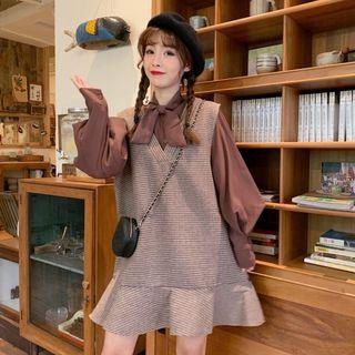Tie-neck Puff-sleeve Blouse / V-neck Sleeveless Dress