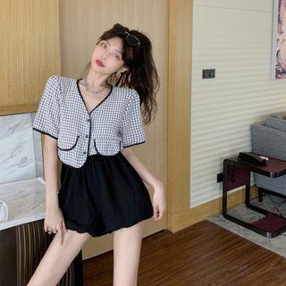 Elbow-sleeve Plaid Button-up Top / Puff Skort