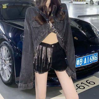 Cropped Button Denim Jacket Gray - One Size