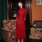 3/4-sleeve Midi Lace Qipao Dress