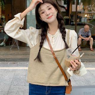 Long-sleeve Plain Wood Ear Trim Shirt / Plain Camisole Top