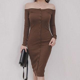 Off-shoulder Button-detail Sheath Dress