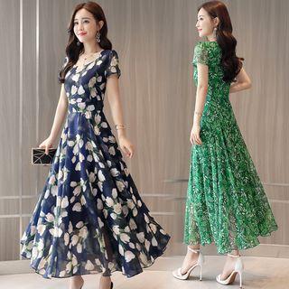 Short-sleeve Printed Chiffon Midi A-line Dress