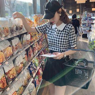 Polo Neck Short-sleeve Plaid T-shirt