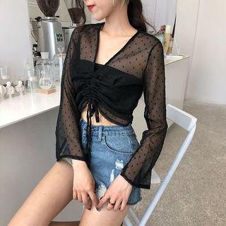 Set: Plain Tube + V-neck Polka Dot Long-sleeve Chiffon Blouse