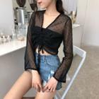 Set: Plain Tube + V-neck Polka Dot Long-sleeve Chiffon Blouse