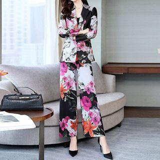 Set: Floral Print Blazer + Wide Leg Pants