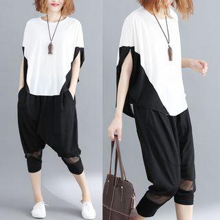 Set: Two-tone Short-sleeve T-shirt + Capri Harem Pants