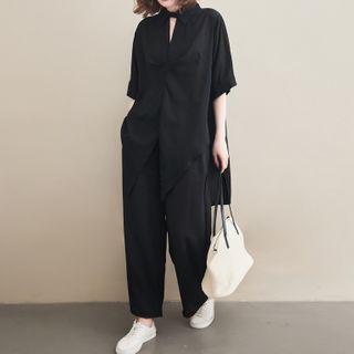 Set: Elbow-sleeve Chiffon Top + Wide-leg Pants Top & Pants - Black - One Size