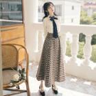 Set: Bell-sleeve Blouse + Maxi Plaid A-line Skirt
