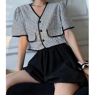 Short-sleeve Plaid Button-up Top / Plain Shorts