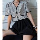 Short-sleeve Plaid Button-up Top / Plain Shorts